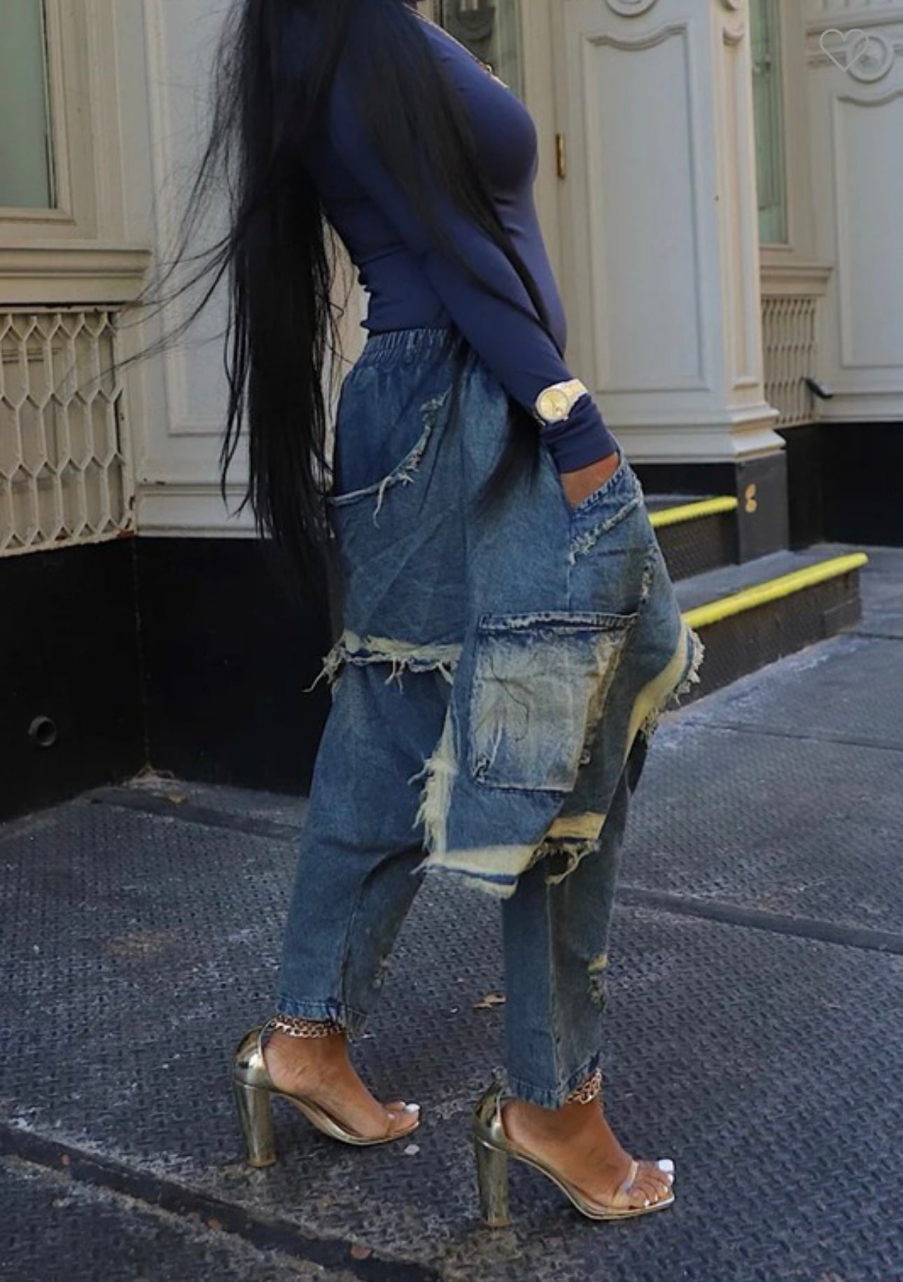 Trendy Distressed Denim Herem Pants