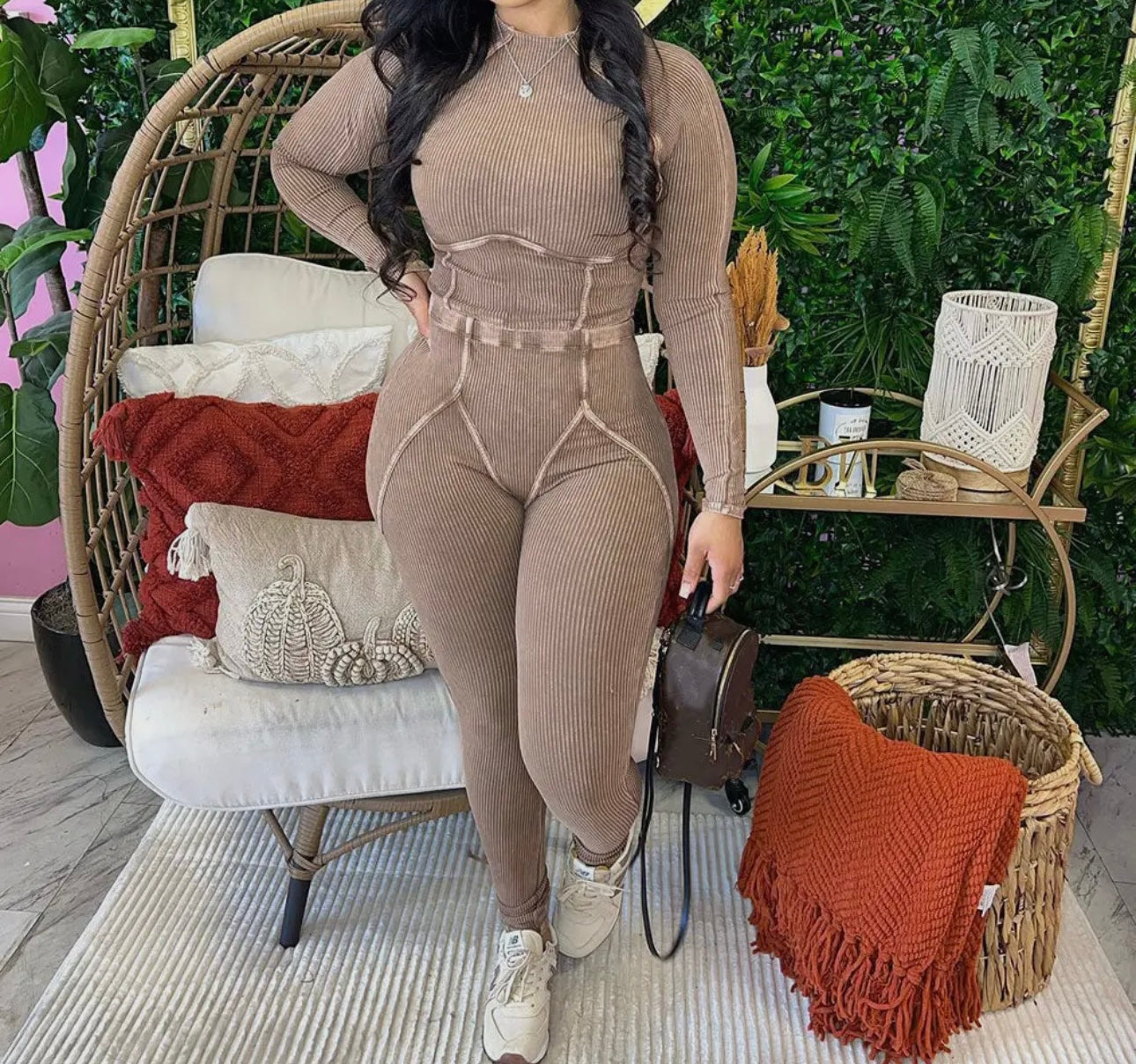 Comfy Baddie Mineral Wash Long Sleeve Ribbed Pants Set
