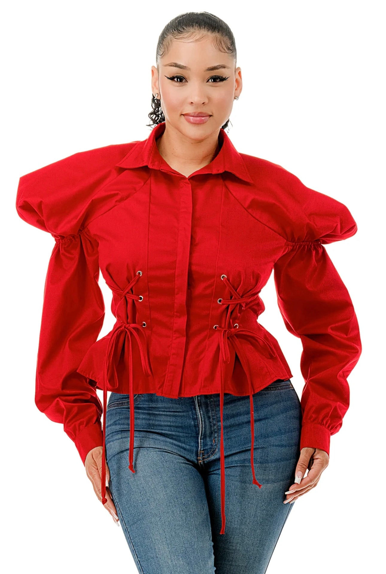Oversized Shoulder Front Lace-Up Top