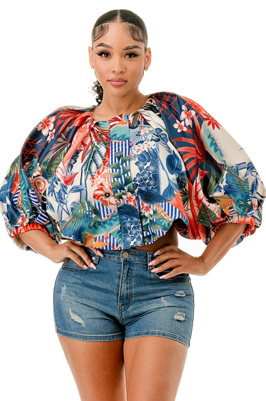 Front Crop Bubble Sleeves Top