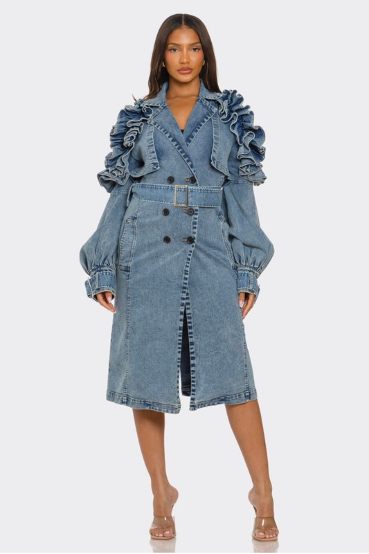 Transition Floral Sleeve Denim Trench