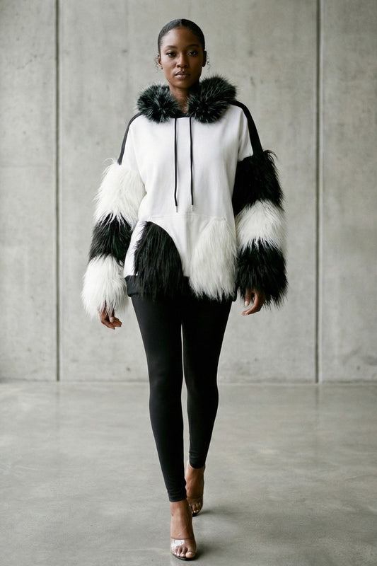 Faux Fur Color-block Oversized Hoodie