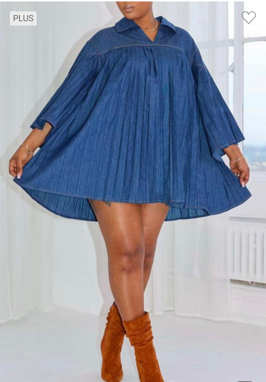 Indigo Flow Pleated Denim Dress (Plus)