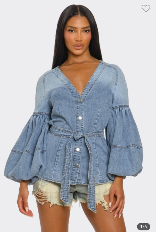 Denim Muse Puff Sleeve Button-up Top