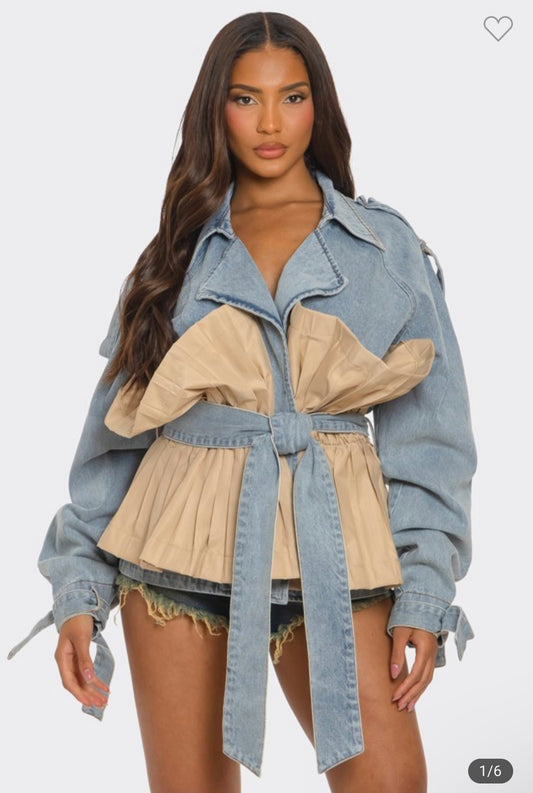 Pleated Contrast Denim Blazer