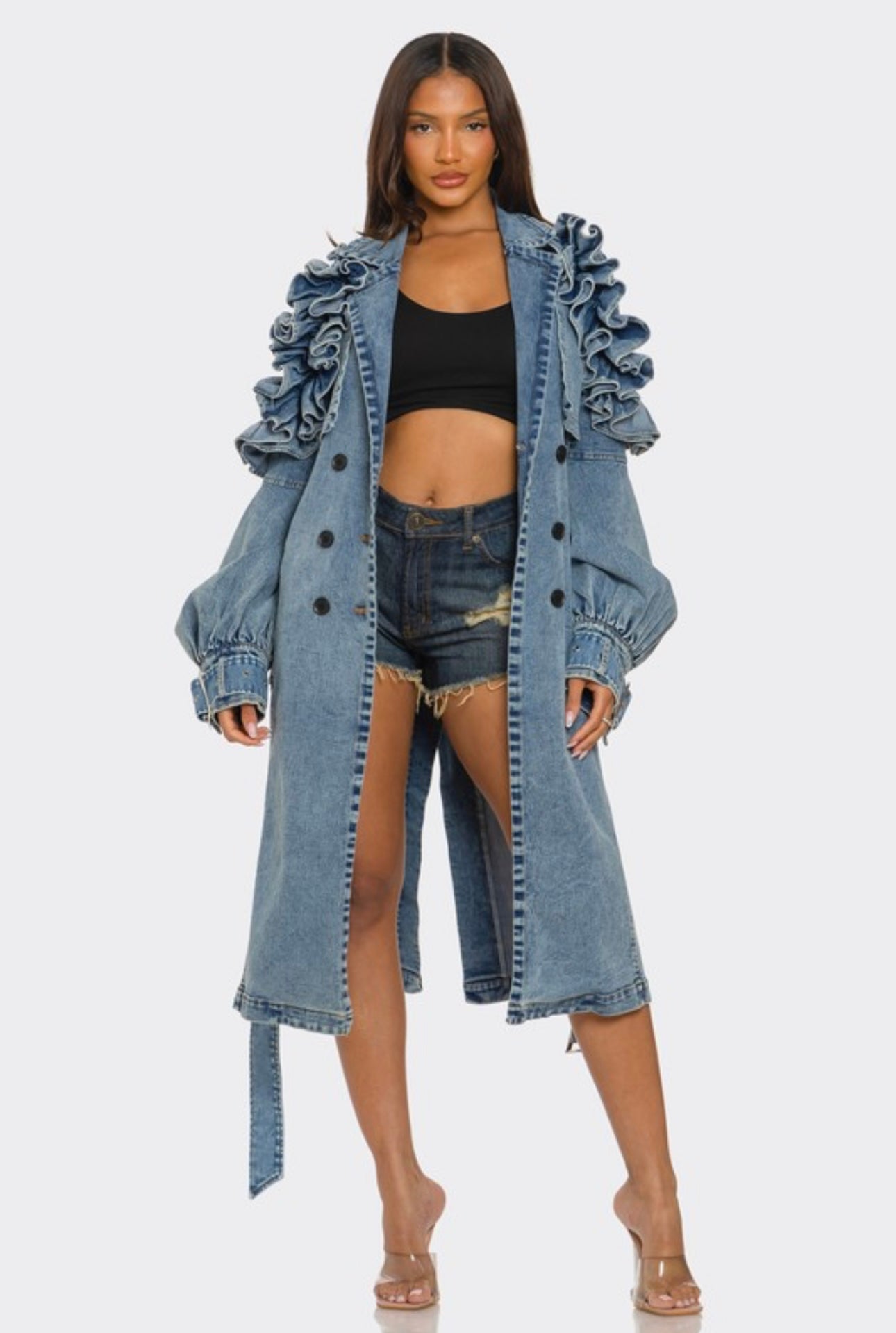 Transition Floral Sleeve Denim Trench